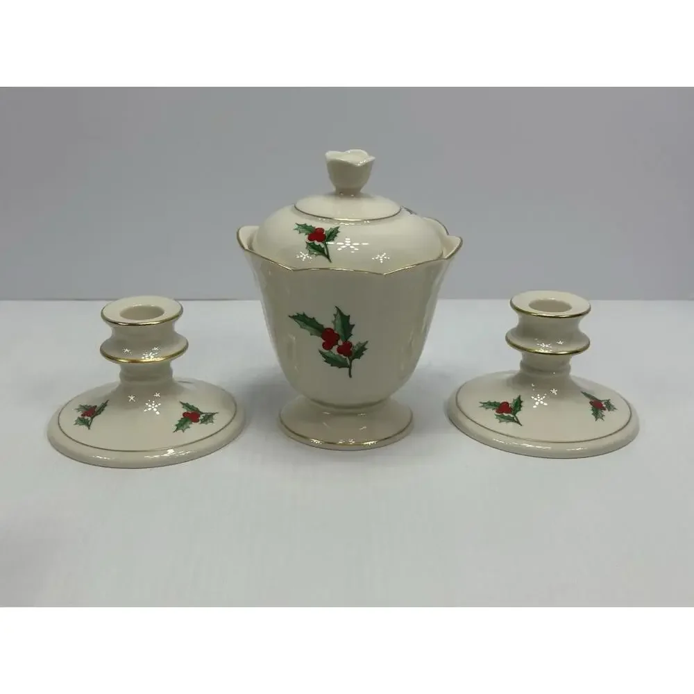 VINTAGE PICKARD CHINA USA CHRISTMAS HOLLY DESIGN CANDY JAR CANDLESTICK HOLDERS